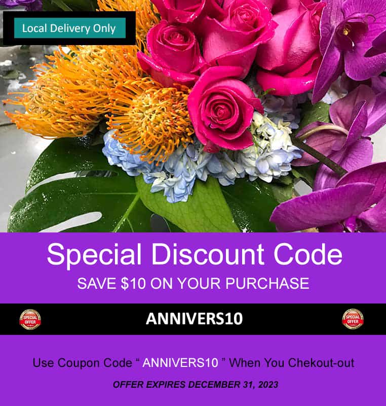 Discount Offer, Anniversary Flowers, Coupon Code Saves $10 On Your Purchase